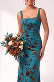 Vestido largo de dama de honor largo de terciopelo floral con cuello cuadrado sirena