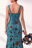 Vestido largo de dama de honor largo de terciopelo floral con cuello cuadrado sirena