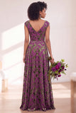 Vestido largo de dama de honor fruncido con flor negra plateada y mangas altas