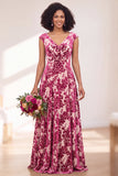 Vestido largo de dama de honor fruncido con flor negra plateada y mangas altas