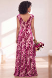 Vestido largo de dama de honor fruncido con flor negra plateada y mangas altas
