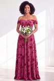 Vestido largo de dama de honor de terciopelo floral fucsia en línea A con hombros descubiertos