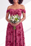 Vestido largo de dama de honor de terciopelo floral fucsia en línea A con hombros descubiertos