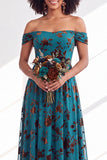 Vestido largo de dama de honor de terciopelo floral fucsia en línea A con hombros descubiertos