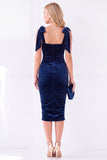 Vestido de terciopelo midi rizado con escote cuadrado y tira lazo, de cuello cuadrado azul oscuro