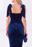Vestido de terciopelo midi rizado con escote cuadrado y tira lazo, de cuello cuadrado azul oscuro