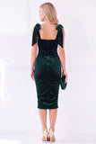 Vestido de terciopelo midi rizado con escote cuadrado y tira lazo, de cuello cuadrado azul oscuro