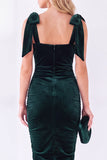 Vestido de terciopelo midi rizado con escote cuadrado y tira lazo, de cuello cuadrado azul oscuro