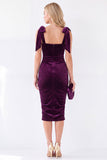 Vestido de terciopelo midi rizado con escote cuadrado y tira lazo, de cuello cuadrado azul oscuro