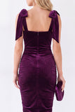 Vestido de terciopelo midi rizado con escote cuadrado y tira lazo, de cuello cuadrado azul oscuro