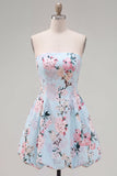 Vestido de bienvenida floral de satén rosa sin tirantes en forma de línea A, con encaje en la espalda