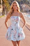 Vestido de bienvenida floral de satén rosa sin tirantes en forma de línea A, con encaje en la espalda