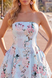 Vestido de bienvenida floral de satén rosa sin tirantes en forma de línea A, con encaje en la espalda