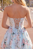 Vestido de bienvenida floral de satén rosa sin tirantes en forma de línea A, con encaje en la espalda