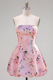 Vestido de bienvenida floral de satén rosa sin tirantes en forma de línea A, con encaje en la espalda