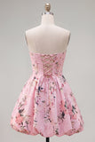Vestido de bienvenida floral de satén rosa sin tirantes en forma de línea A, con encaje en la espalda