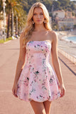 Vestido de bienvenida floral de satén rosa sin tirantes en forma de línea A, con encaje en la espalda
