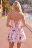 Vestido de bienvenida floral de satén rosa sin tirantes en forma de línea A, con encaje en la espalda
