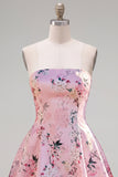 Vestido de bienvenida floral de satén rosa sin tirantes en forma de línea A, con encaje en la espalda