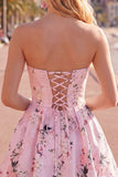 Vestido de bienvenida floral de satén rosa sin tirantes en forma de línea A, con encaje en la espalda