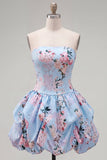 Vestido de bienvenida sin tirantes azul A-line con flores de satén y encaje en la espalda