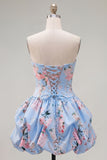 Vestido de bienvenida sin tirantes azul A-line con flores de satén y encaje en la espalda