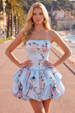 Vestido de bienvenida sin tirantes azul A-line con flores de satén y encaje en la espalda