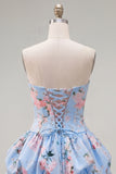 Vestido de bienvenida sin tirantes azul A-line con flores de satén y encaje en la espalda