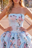 Vestido de bienvenida sin tirantes azul A-line con flores de satén y encaje en la espalda