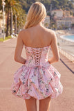 Vestido de bienvenida sin tirantes azul A-line con flores de satén y encaje en la espalda