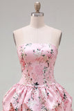 Vestido de bienvenida sin tirantes azul A-line con flores de satén y encaje en la espalda