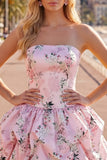 Vestido de bienvenida sin tirantes azul A-line con flores de satén y encaje en la espalda
