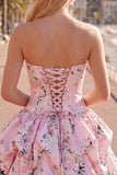 Vestido de bienvenida sin tirantes azul A-line con flores de satén y encaje en la espalda