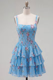 Corsé de gasa azul Vestido corto de bienvenida corto de fin de carrera floral en línea A