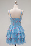 Corsé de gasa azul Vestido corto de bienvenida corto de fin de carrera floral en línea A
