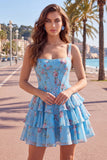 Corsé de gasa azul Vestido corto de bienvenida corto de fin de carrera floral en línea A