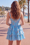 Corsé de gasa azul Vestido corto de bienvenida corto de fin de carrera floral en línea A