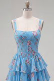 Corsé de gasa azul Vestido corto de bienvenida corto de fin de carrera floral en línea A