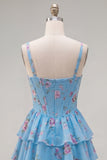 Corsé de gasa azul Vestido corto de bienvenida corto de fin de carrera floral en línea A