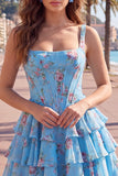 Corsé de gasa azul Vestido corto de bienvenida corto de fin de carrera floral en línea A