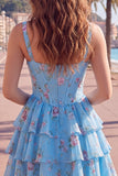 Corsé de gasa azul Vestido corto de bienvenida corto de fin de carrera floral en línea A