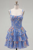 Corsé de gasa azul Vestido corto de bienvenida corto de fin de carrera floral en línea A