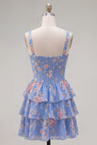 Corsé de gasa azul Vestido corto de bienvenida corto de fin de carrera floral en línea A