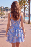 Corsé de gasa azul Vestido corto de bienvenida corto de fin de carrera floral en línea A