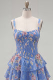 Corsé de gasa azul Vestido corto de bienvenida corto de fin de carrera floral en línea A