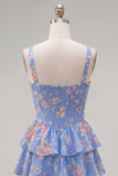 Corsé de gasa azul Vestido corto de bienvenida corto de fin de carrera floral en línea A