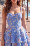 Corsé de gasa azul Vestido corto de bienvenida corto de fin de carrera floral en línea A