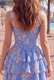 Corsé de gasa azul Vestido corto de bienvenida corto de fin de carrera floral en línea A