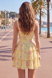 Corsé de gasa azul Vestido corto de bienvenida corto de fin de carrera floral en línea A