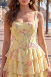 Corsé de gasa azul Vestido corto de bienvenida corto de fin de carrera floral en línea A
